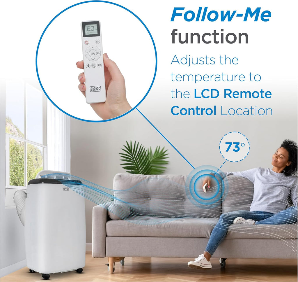 BLACK+DECKER Portable Air Conditioner. 14.000 BTU for Rooms Up To 700 Sq. Ft.. Portable AC with Follow Me Remote Control & Window Kit.