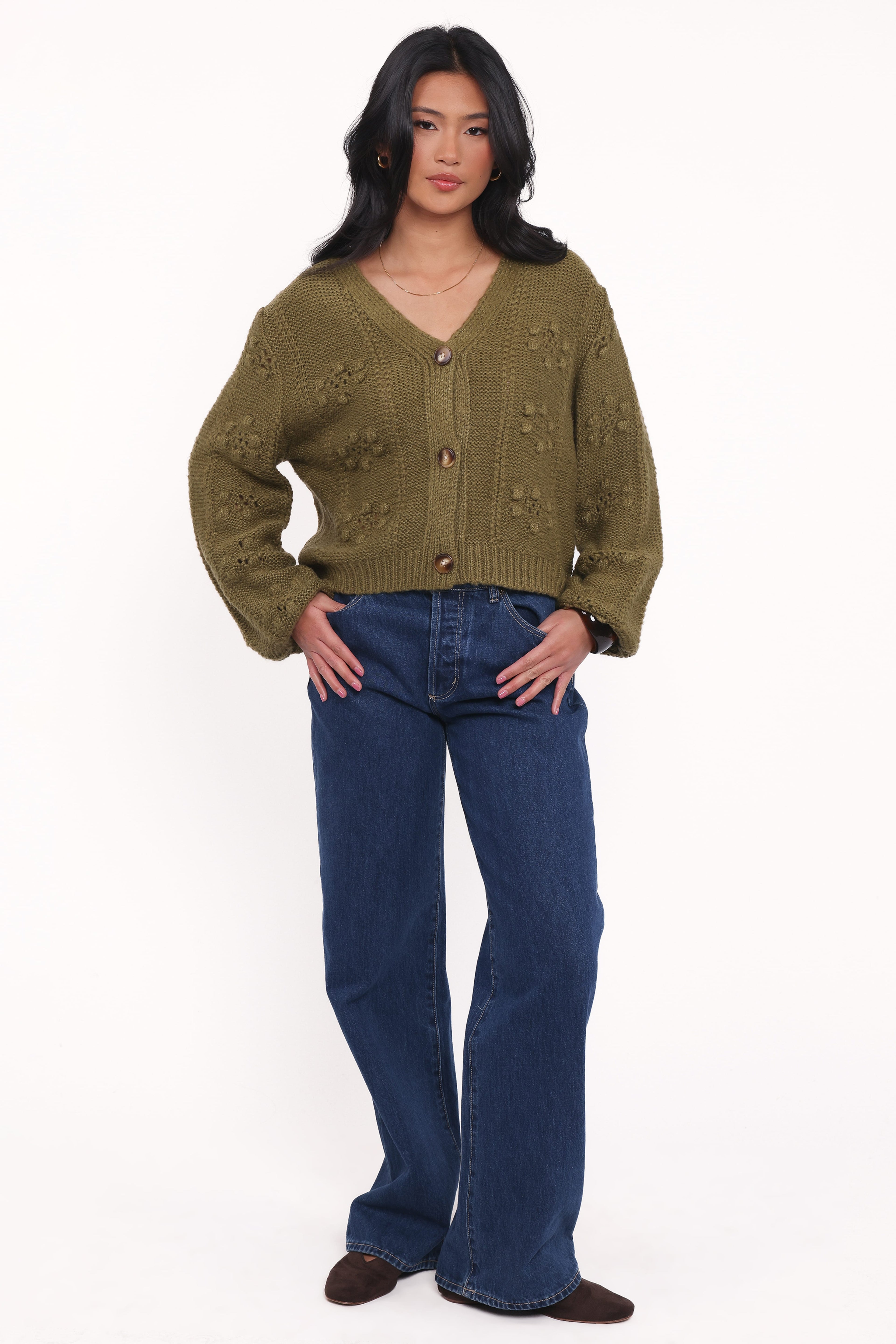 Melody Textured Button Up Cardigan - Olive